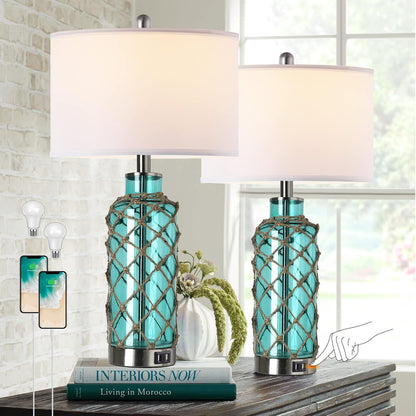 Cottage Nautical Accent Table Lamp Set of 2, Touch Control Coastal Blue Green Glass Rope Net Bedside Lamp with 2 USB Ports, 3-Way Dimmable Nightstand Lamps with White Shade for Living Room, Bedroom1