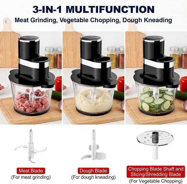 3-In-1 Food Processor, 600W Meat Grinder, Vegetable Chopper & Dough Mixer | Electric Food Chooper with 3L Glass Bowl, 3 Modes for Meat, Vegetables, Nuts & Dough, Overheat Protection, Easy Lock Assembly2