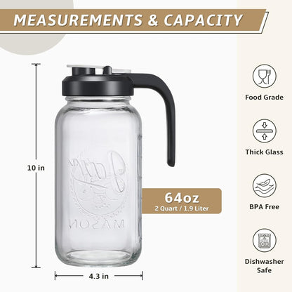 2 Quart Glass Pitcher with Lid - Airtight & Leakproof Mason Jar Pitcher with Filter Lid, Wide Mouth Glass Jar, Heavy Duty Glass Container for Water, Juice, Milk, Tea, Iced Coffee, and Drinks2