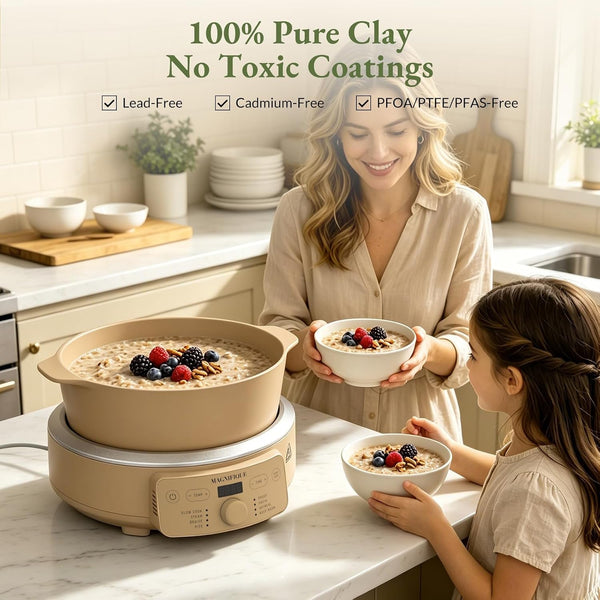 MAGNIFIQUE Slow Cooker, 4.5 Quart 8-In-1 Clay Pot Multi-Cooker, Non-Toxic Slow Cooker with Removable Clay Pot, for Rice, Pasta, Steam & Proof, Nonstick, Oven Safe Pot to 500°F, Brown2