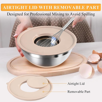 Mixing Bowls with Airtight Lids Set, Non-Slip Silicone Bottoms, Khaki4