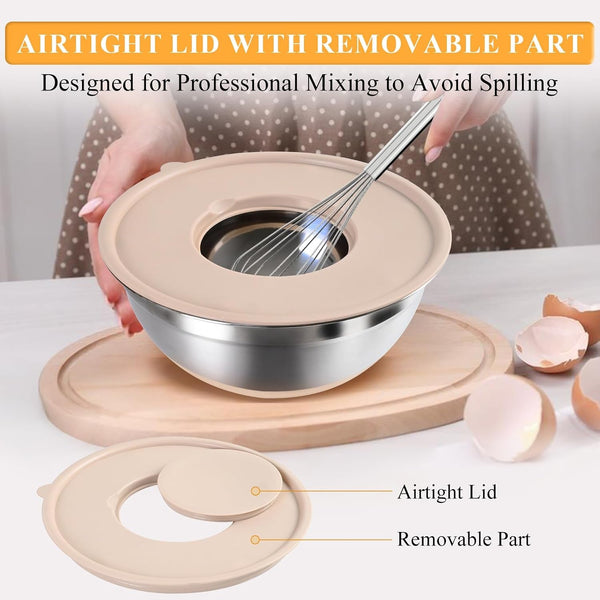 Mixing Bowls with Airtight Lids Set, Non-Slip Silicone Bottoms, Khaki4