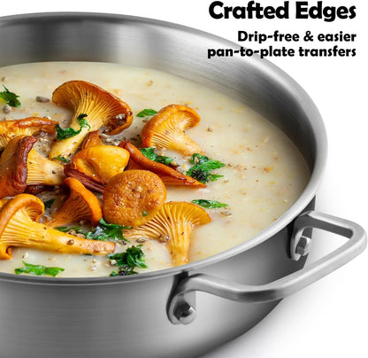 Stainless Steel Pan with Lid, 6 QT Stainless Steel Saute Pan, 12 Inch Frying Pan, PFOA & PTFE Free, Tri-Ply Skillet, Stainless Steel Pot, Dishwasher & Oven Safe, Works on All Cooktops5