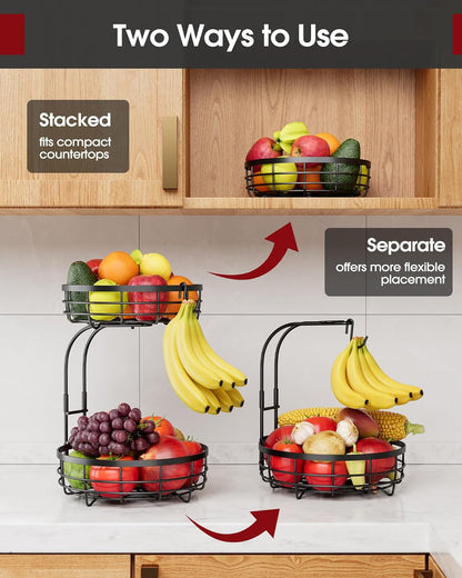 Fruit Basket for Kitchen Counter - 2-Tier Large Capacity Fruit Bowl with Detachable Banana Hanger, Rust-Proof Metal Fruit Holder for Vegetables, Bread, Toiletry,10" D X 10" W X 14" H, Black4