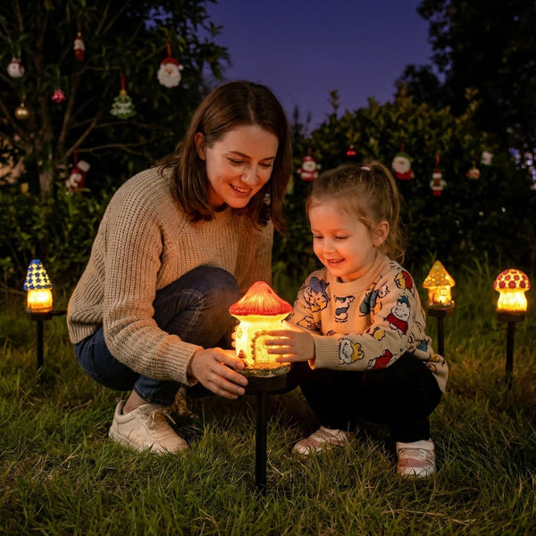 Solar Fairy House Garden Stake Lights, Resin Mushroom and Cottage Figurines, Outdoor Pathway Decor (Yellow)8
