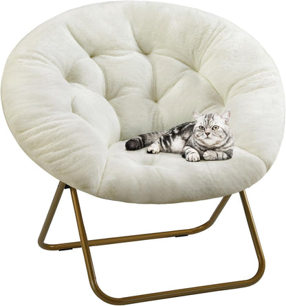 Faux Fur Saucer Chair, Foldable Comfy Chair for Bedroom, White | Lounge XL Moon Mushroom Style, Circle round Oversized Accent Seat, Gaming Dorm Small Spaces, Comfortable Modern1