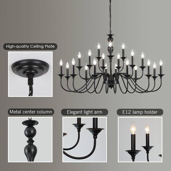 Black Chandelier 21 Light, Large Farmhouse Chandeliers for Dining Room 49"6