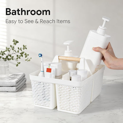 Portable Plastic Shower Caddy Basket with Wooden Handle, White5