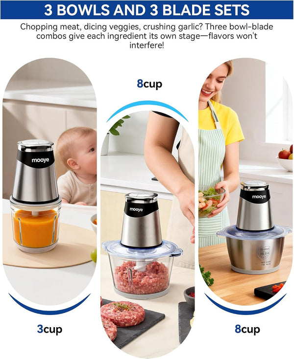 Food Processor Electric Food Chopper with Meat Grinder & Vegetable Chopper - 3 Bowls(8Cup+8Cup+3Cup) with Powerful Copper Motor - Includes 3 Sets of Bi-Level Blades for Fruits/Meat/Nuts2