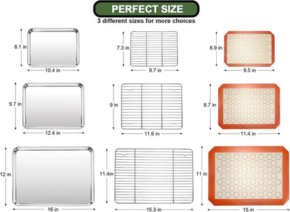 Baking Sheet Tray Cooling Rack with Silicone Baking Mat Set, Stainless Steel Cookie Pan for Oven, Set of 9 (3 Sheets + 3 Racks + 3 Mats), Warp Resistant & Heavy Duty & Easy Clean, Red2