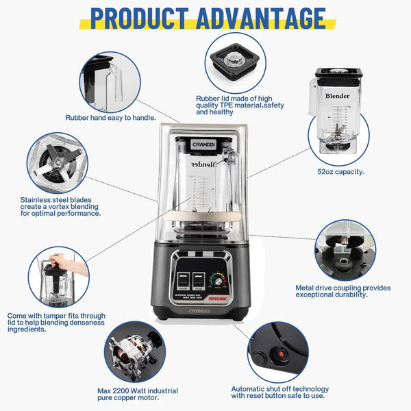 Professional Smoothie Blender, 2200W Commercial Soundproof Quiet Blender with Removable Soundproof Shield for Crushing Ice, Milkshakes, Puree, Self-Cleaning, 50Oz 110V K80 (Grey)9