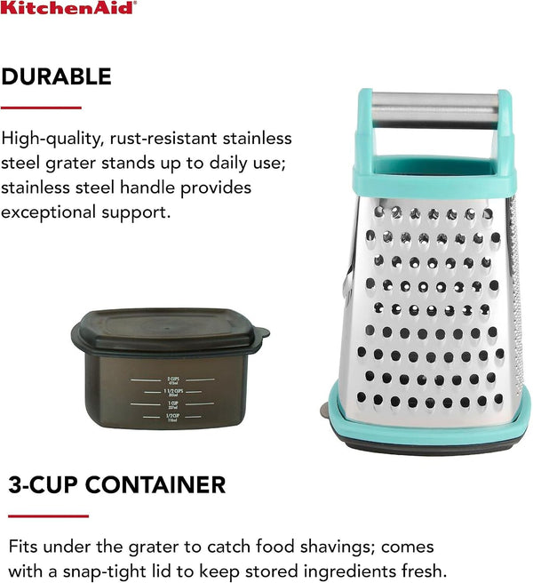 Kitchenaid Gourmet 4-Sided Stainless Steel Box Grater for Fine, Medium and Coarse Grate, and Slicing, Detachable 3 Cup Storage Container and Measurment Markings, Dishwasher Safe, 10 Inches Tall, Aqua3