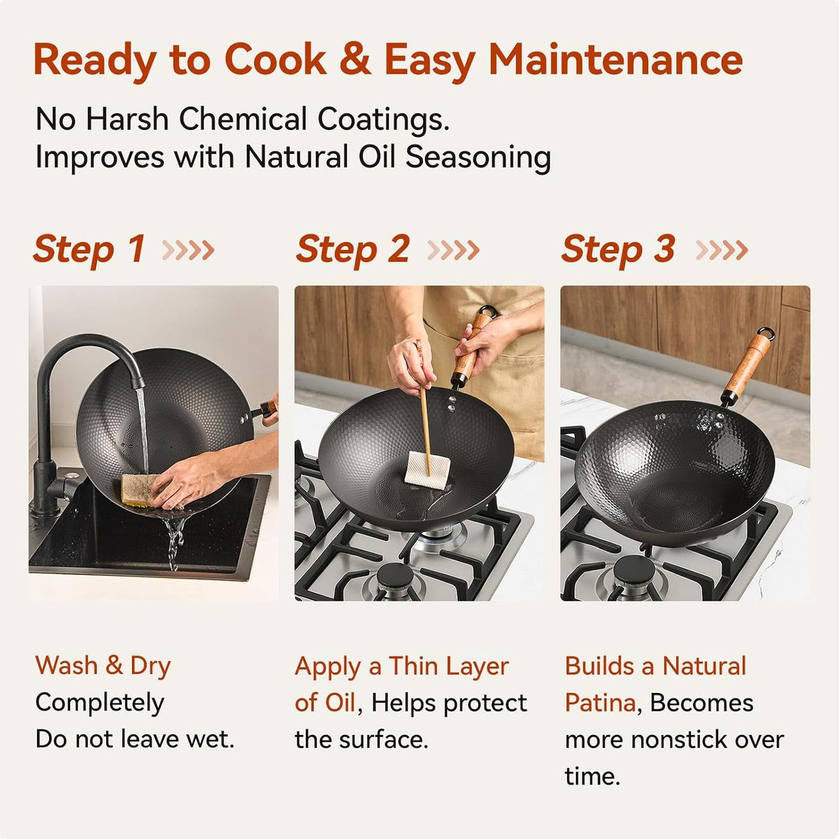 carbon-steel-wok-pan-with-lid-12-6-hammered-stir-fry-pan-thickened-heavy-duty-flat-bottom-wok-for-electric-induction-gas-stoves-detachable-wood-handle-no-chemical-coating-black