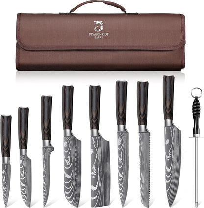 Damascus Kitchen Knife Set, Damascus Steel, Brown Handle | Stainless Steel, Damascus Pattern, Roll Bag, for Meat Processing and Everyday Kitchen Prep1