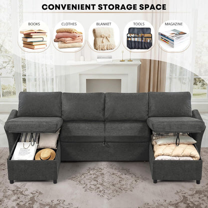 107 Inches Chenille Sectional Sofa with Pull Out Sofa Bed, Grey4
