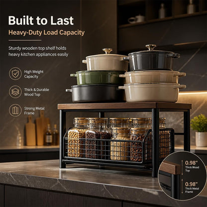 Kitchen Countertop Organizer with Drawers,Microwave Oven Rack，Teak | Microwave Storage Rack with Pull-Out Drawer Basket,Space-Saving Counter Shelf Rack for Kitchen,No Installation Required5