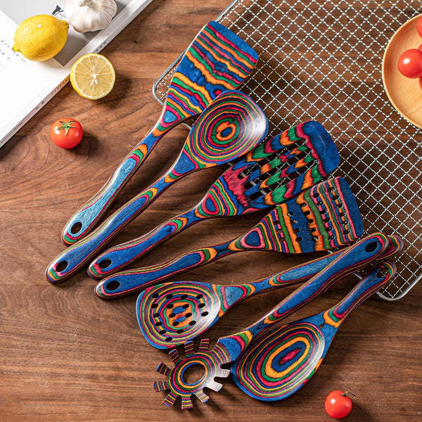 Pakka Wood 7-Piece Blue Wooden Cooking Utensils, Wooden Spoons for Cooking, Wooden Spoon Set, Wooden Kitchen Utensil Set, Pakkawood Cooking Spoons, Non-Stick Spoon,Pakkawood Kitchen Utensils2