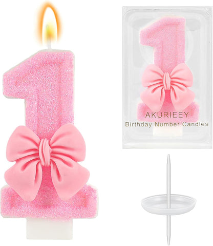 Pink 1St Birthday Candle Bow Numbers 1 Candle Cake Topper Cupcake Decorations Party Decor for Girls and Women Anniversary Celebrations Supplies1