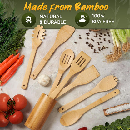 Bamboo Cooking Utensils Set 7 Pcs with Holder, Wooden Spoons for Nonstick4
