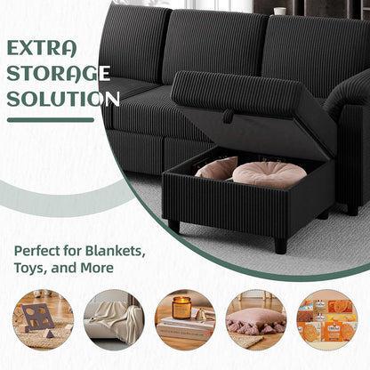 79" Convertible Sectional Couch for Living Room, Modular L Shaped Sofa with Movable Ottoman, Comfy Corduroy Fabric Couch with Removable Covers, Modern Apartment Furniture, Black7