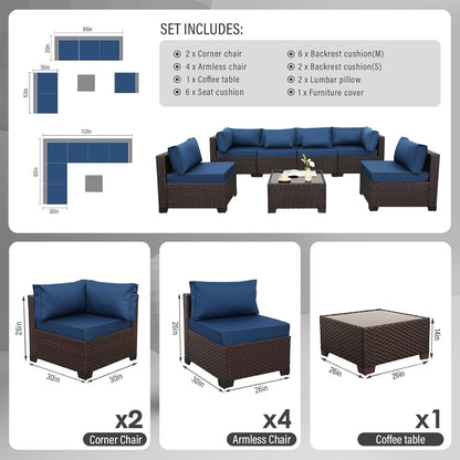 Outdoor Patio Furniture Set 7 Pieces Wicker Sectional Sofa Brown Rattan Conversation Couch with Coffee Table, Anti-Slip Thick Nave Blue Cushion3