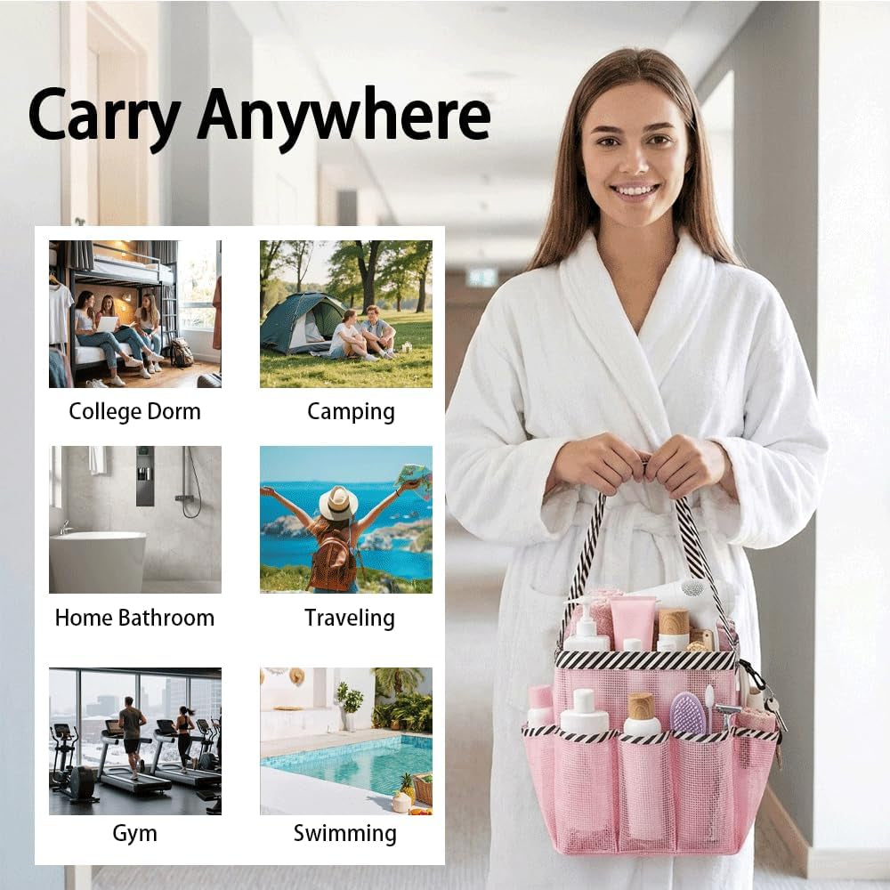 mesh-shower-caddy-portable-for-college-dorm-room-essentials-9-pocket-large-capacity-waterproof-hanging-toiletry-tote-with-2-handles-pink-bathroom-organizer-for-swimming-gym-camp-beach-travel