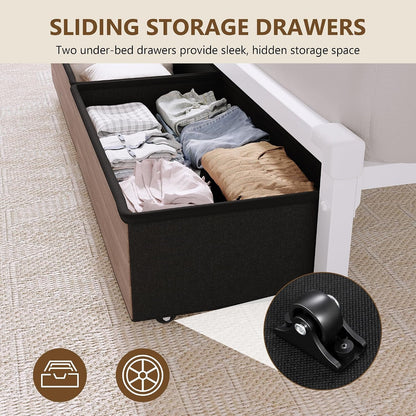 Queen Size Bed Frame with Storage & Upholstered Headboard, 2 Fabric Drawers, Charging Station & RGB LED Lights, Metal Platform Bed, No Box Spring Needed, Natural5