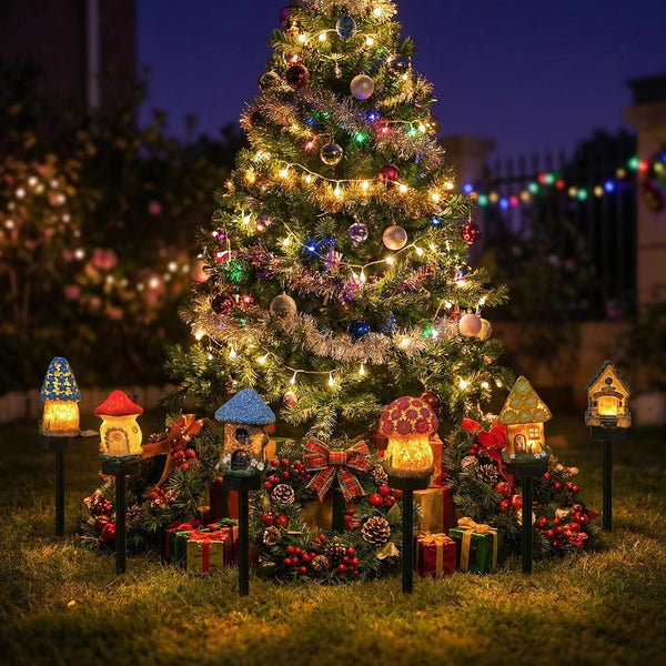 Solar Fairy House Garden Stake Lights, Resin Mushroom and Cottage Figurines, Outdoor Pathway Decor (Yellow)9