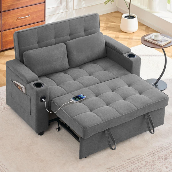 55.5'' 3-In-1 Convertible Sofa Bed, Pull Out Couch with 5-Position Adjustable Backrest, Loveseat Sleeper Sofa for Small Spaces, Sofa Couch with Cup Holders for Living Room, Office, Chenille1