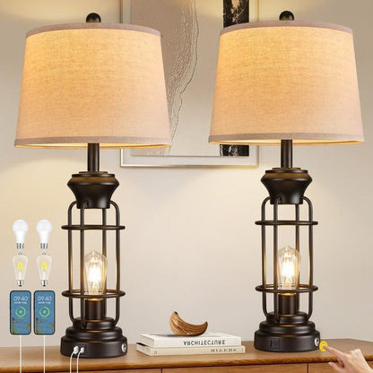 Table Lamp Set of 2 with USB Ports, 28" Tall Farmhouse Table Lamp with 2 Nightlight Bulbs,Touch Control Table Lamps for Bedroom, Rustic Bedside Lamp for End Tables,Bulbs Included,Black1