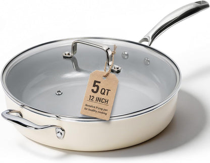 12 Inch Ceramic Nonstick Frying Pan with Lid, 5 QT Deep Saute Pan for Cooking, Induction Ready Skillet with Stay Cool Handle, PFAS/PTFE/PFOA Free, Oven & Dishwasher Safe1