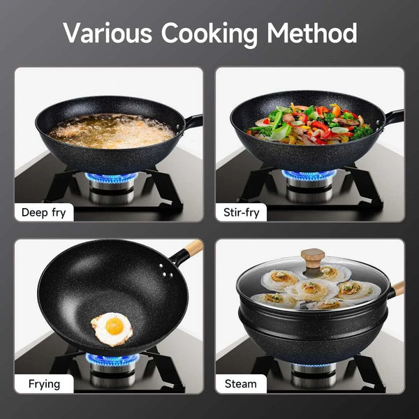 Non-Stick Wok with Steamer Basket,12 Inches Stir Fry Pans with Lid, Flat Bottom Pan Multifunctional Cookware Chinese Woks for Induction, Gas, Halogen6