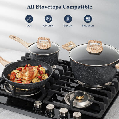 Pots and Pans Set Non Stick, 12Pcs Black Granite Induction Cookware | PFAS/PFOA/PFOS Free, Healthy Nonstick Kitchen Cookware Sets, Includes Fry Pans & Saucepans.7