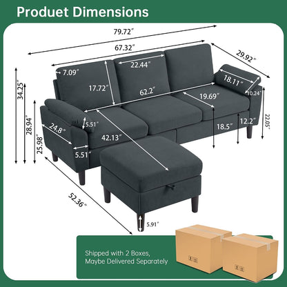 80" Convertible Sectional Couch with Ottoman, 3 Seater L Shaped Couch Sofa with Storage Chaise, Removable Armrest Cushions, Linen Modern Small Couches for Living Room, Apartment, Dark Grey2