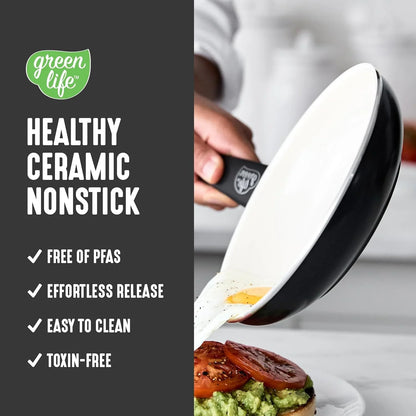 GreenLife healthy ceramic nonstick frying pan cooking egg, black and white pan with avocado toast