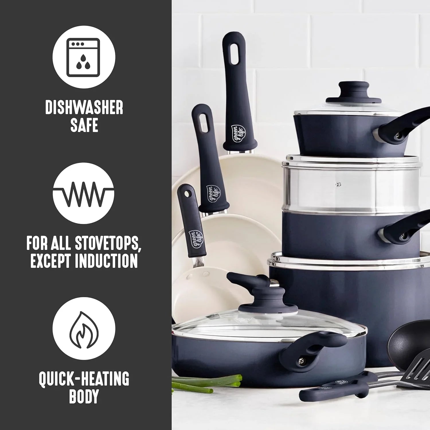 16-piece black and cream ceramic nonstick cookware set with lids, dishwasher safe, quick-heating