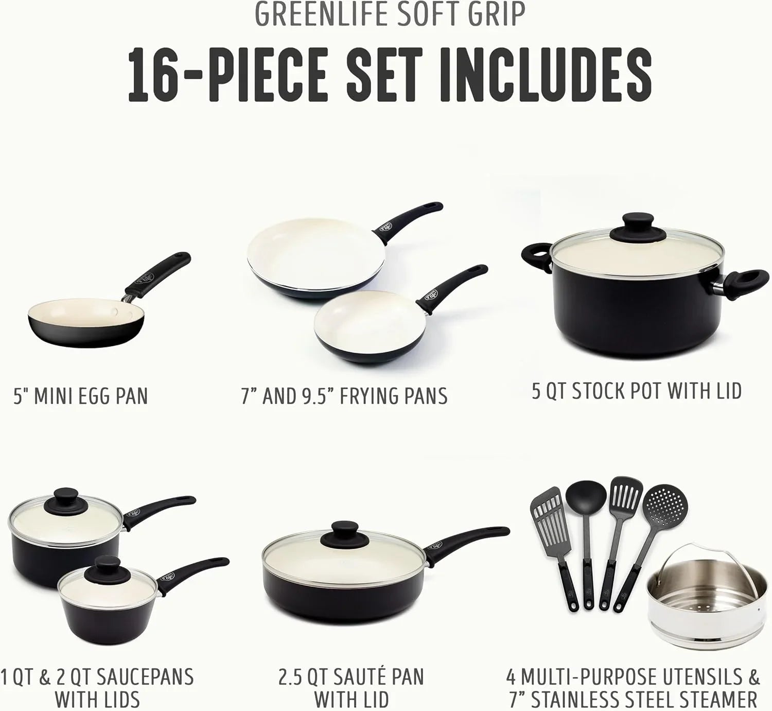 16-piece GreenLife Soft Grip black and cream ceramic nonstick cookware set with pots, pans, utensils, and steamer