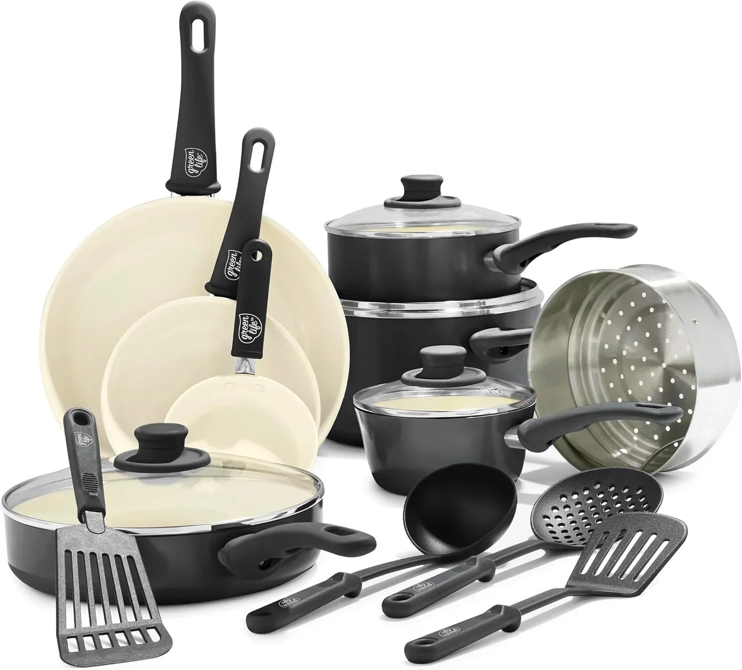 16-piece ceramic nonstick black and cream cookware set with glass lids and black utensils