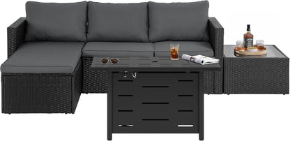 4-Piece Patio Furniture Set with 43" Propane Fire Pit Table, L-Shaped PE Rattan Sectional Sofa, Washable Cushions, Outdoor Conversation Set,Black/Grey7