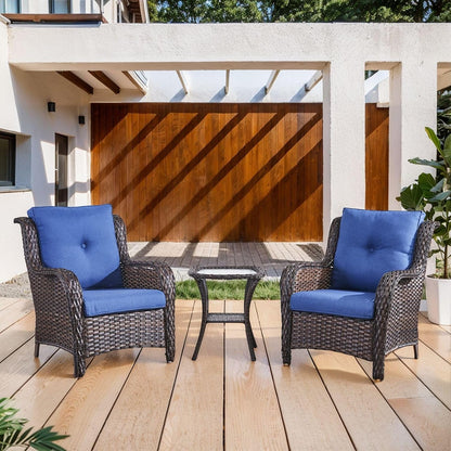 High Back Patio Chairs Set of 2 - Brown Wicker Chairs Outdoor Seating, 4" Wide Armrests Rattan Outdoor Club Chair with Blue Removable Cushion for Deck Porch Backyard7