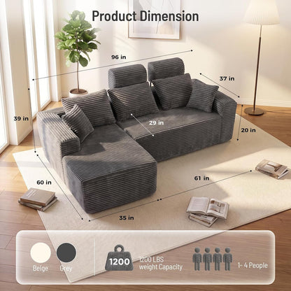 96" L-Shaped Boneless Couch, Sectional Sofa with 2 Removable Back Supports2
