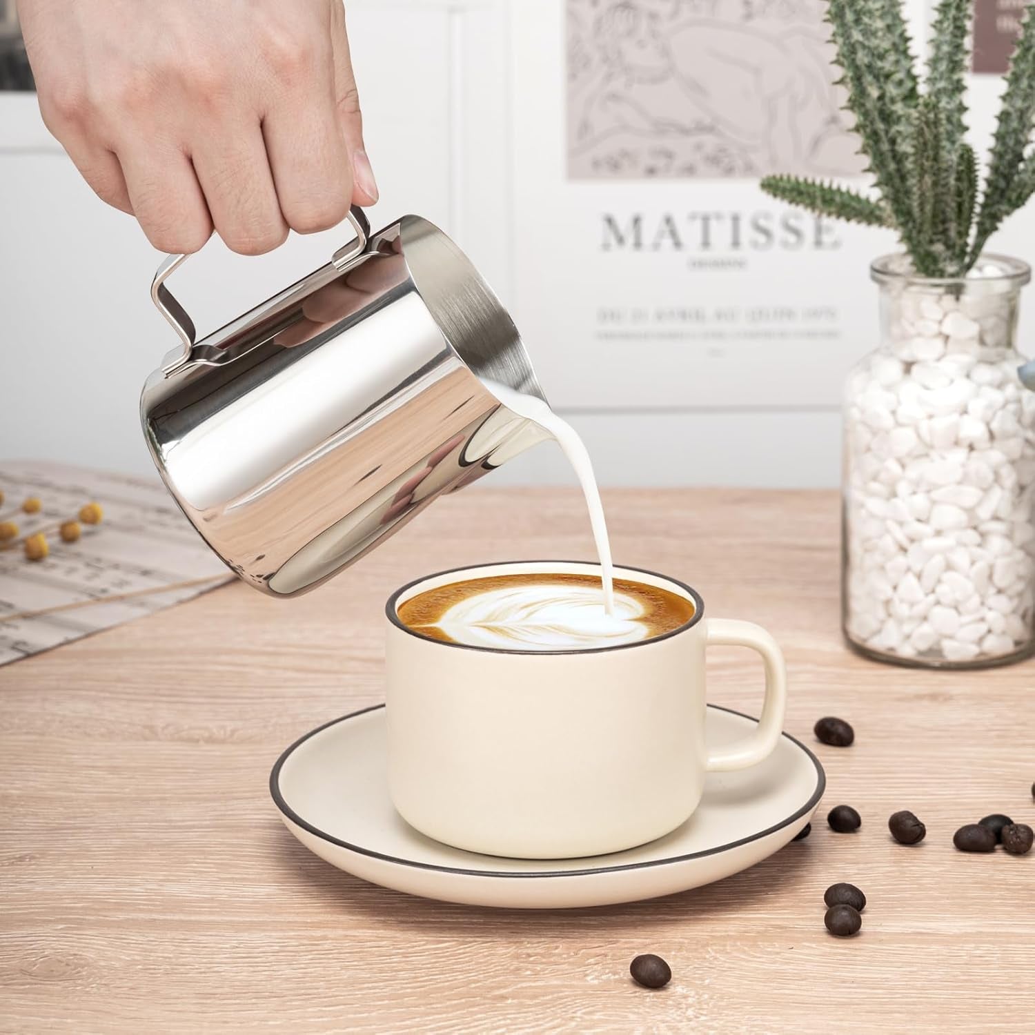 milk-frothing-pitcher-12oz-frother-cup-barista-tools-silver-18-8-stainless-steel-12oz-capacity-with-clear-scale-with-decorating-pen-ergonomic-handle-for-cappuccino-latte-espresso