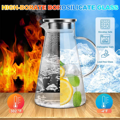 2L/68Oz Glass Pitcher with Lid and Handle,Carafe for Hot/Cold Water | Hand-Blown Heat Resistant Borosilicate Beverage for Brew,Coffee,Iced Tea,Juice, Easy Clean with Long-Handled Brush2