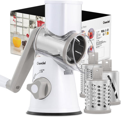 Rotary Cheese Grater Hand Crank, Cheese Shredder Vegetable Slicer | 3 Blades, 430 Stainless Steel, 12X Fast Cutting, Strong Suction Base, No BPA, Dishwasher Safe, for Cheese, Veggie, Nut1