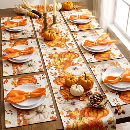 19 Pcs Fall Table Runner and Placemats Set, Fall Pumpkin Runner, Placemats, Napkins, Napkin Rings Kitchen Dining Table Decoration for Autumn Harvest Thanksgiving Party Decor2