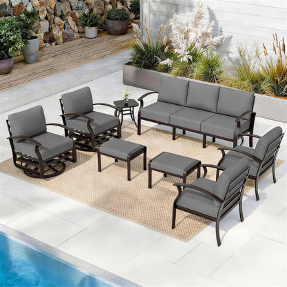 Aluminum Patio Furniture Set with 2 Swivel Chairs 9-Seat Metal Outdoor Furniture Patio Sectional Sofas Patio Conversation Set W/2 Ottomans for Patio, Backyard, Poolside-Grey9