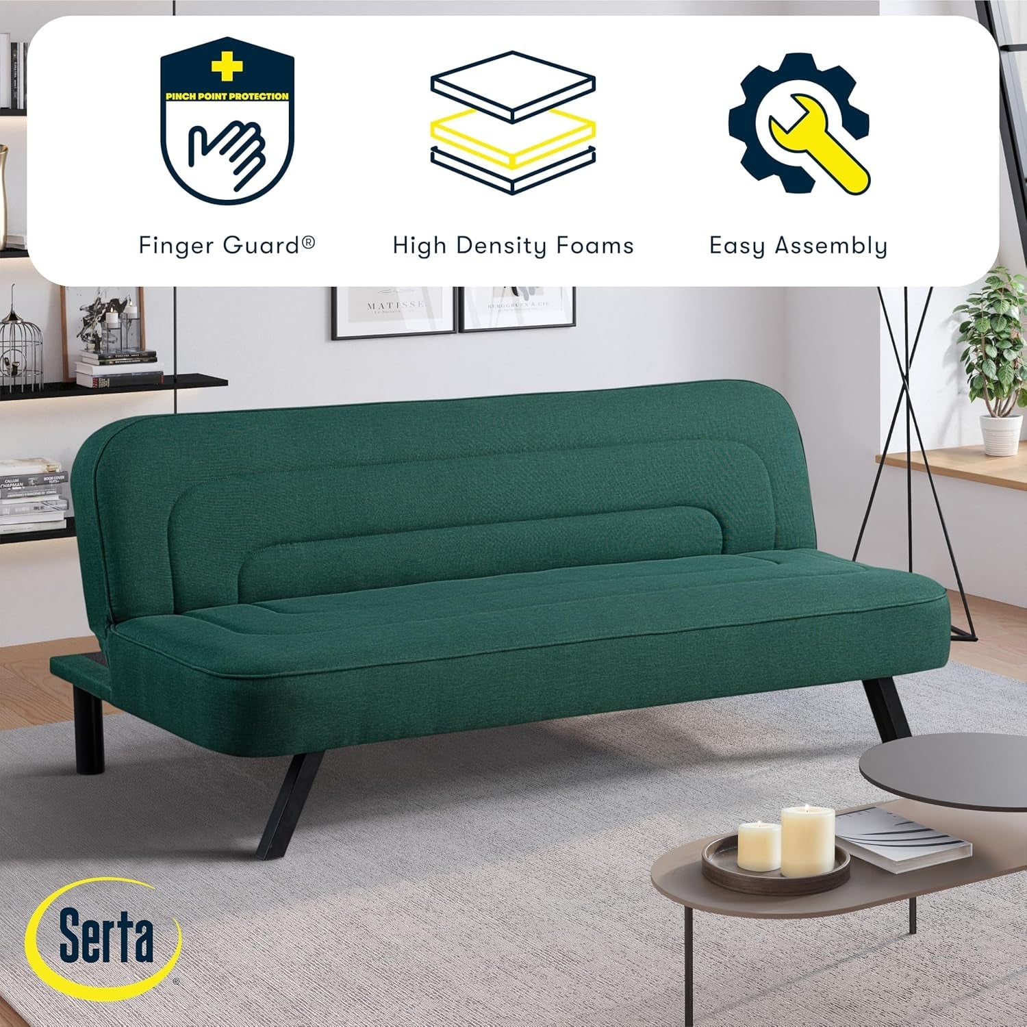 fairwood-66-1-convertible-futon-sofa-short-twin-size-modern-boho-dream-coil-comfort-fingerguard-pinch-point-protection-soft-woven-polyester-fabric-forest-green