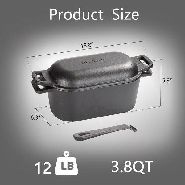 2-In-1 Pre-Seasoned Cast Iron Dutch Oven Pot with Lid as Skillet, Grill Pan, with Lid Lever, Dual Loop Handles, Oval Heavy Dutch Oven for Bread Baking, Frying, Camping, BBQ, 3.8 QT Black2