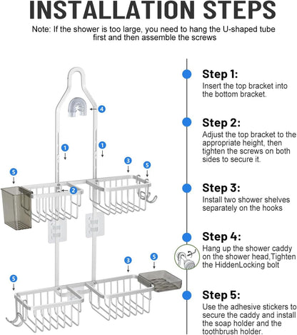 Adjustable Shower Caddy Hanging for Handheld Showerheads - Never Rust Shower Hanging Organizer, Upgraded Bathroom Shower Rack with Soap Basket, Hooks and Toothbrush Holder (Silver)8
