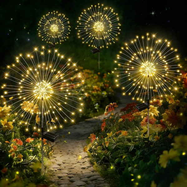 Solar Garden Lights Outdoor Decor Waterproof, 4Pack 120LED Firework Lights for Garden Decorative, Fairy Lights Solar Powered for Yard, Patio,Pathway,Flowerbed,Planter,Party(Warm White)1